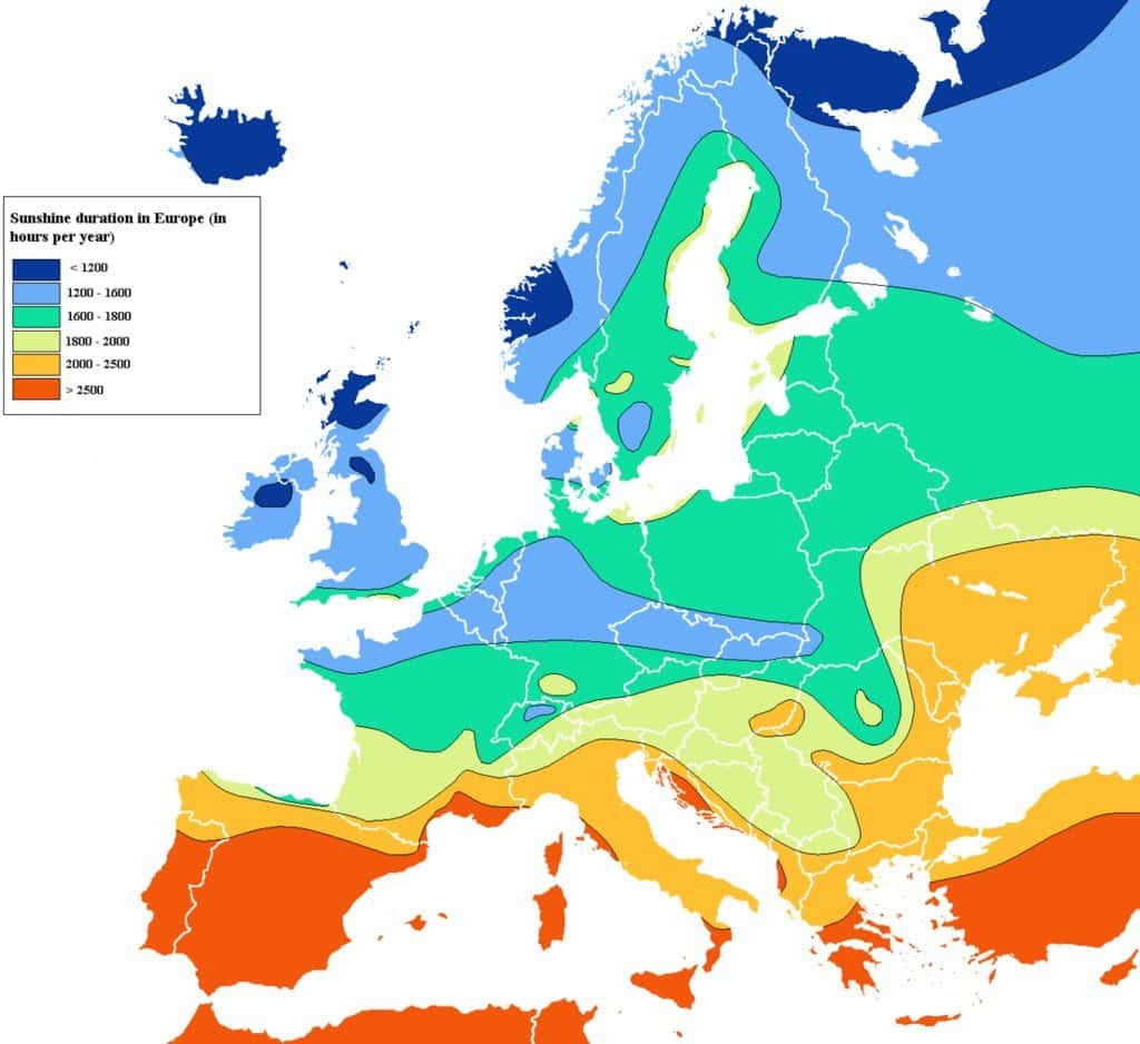 hours of sunshine in europe